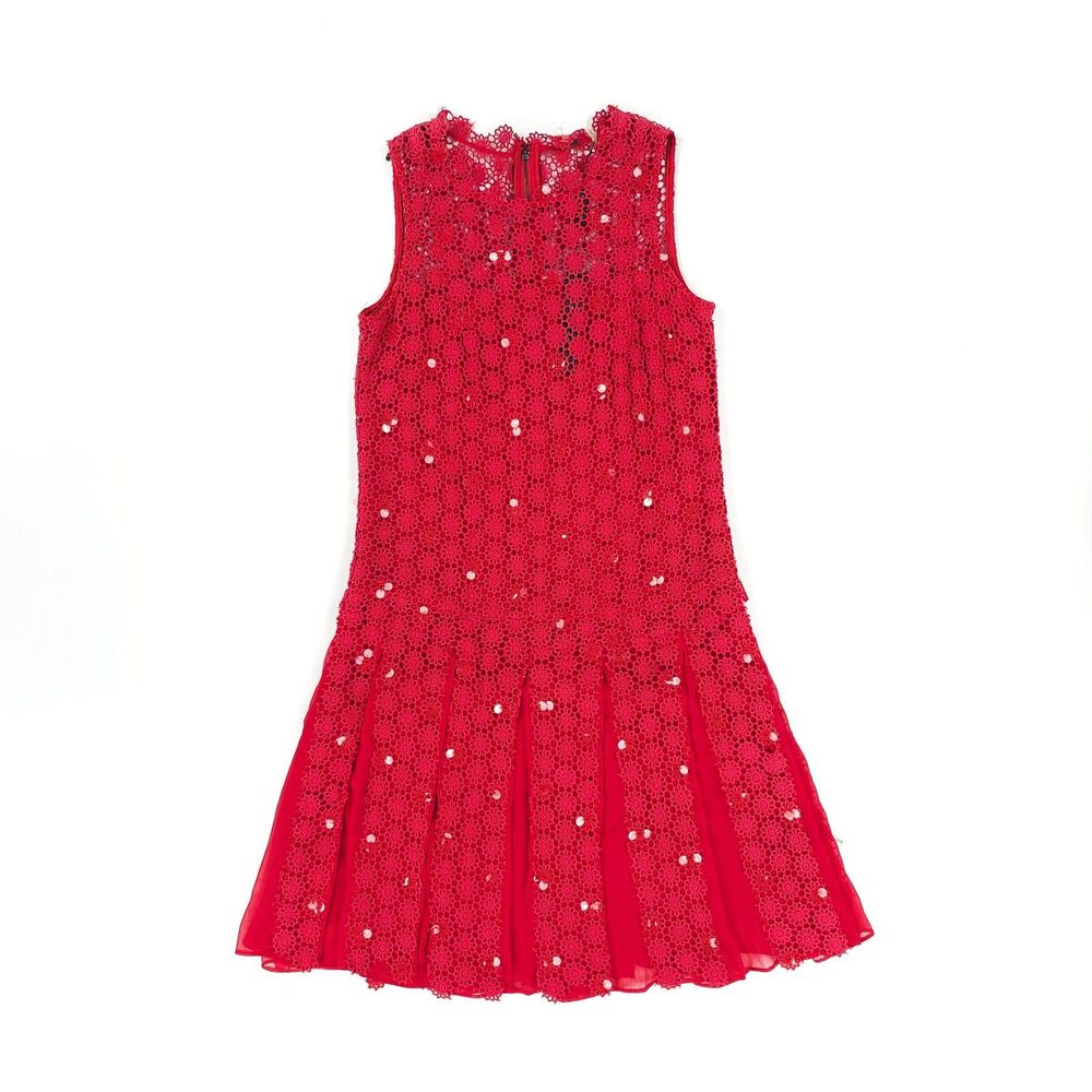 NWT Elie Tahari Bella Pleated Crocheted Dress Redstone 60s Retro Twee Coquette